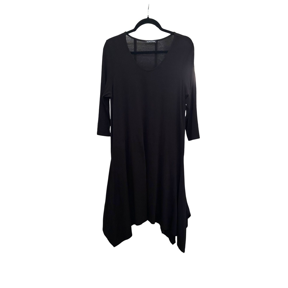Eileen Fisher Black Jersey Midi Dress Asymmetric Hem Artsy Lagenlook Women's Med